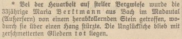 bei der Bergmahd von herabstürzendem Stein getroffen und getötet - Madautal bei Bach im August 1933