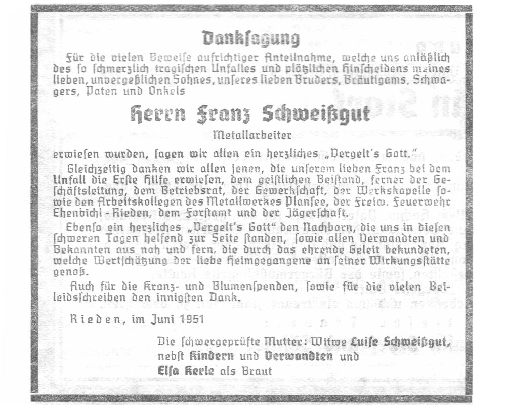 Danksagung Franz Schweißgut - Metallarbeiter